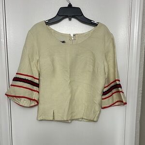 1970’s heavy Cream Blouse with Red and blue embroidered bell sleeves